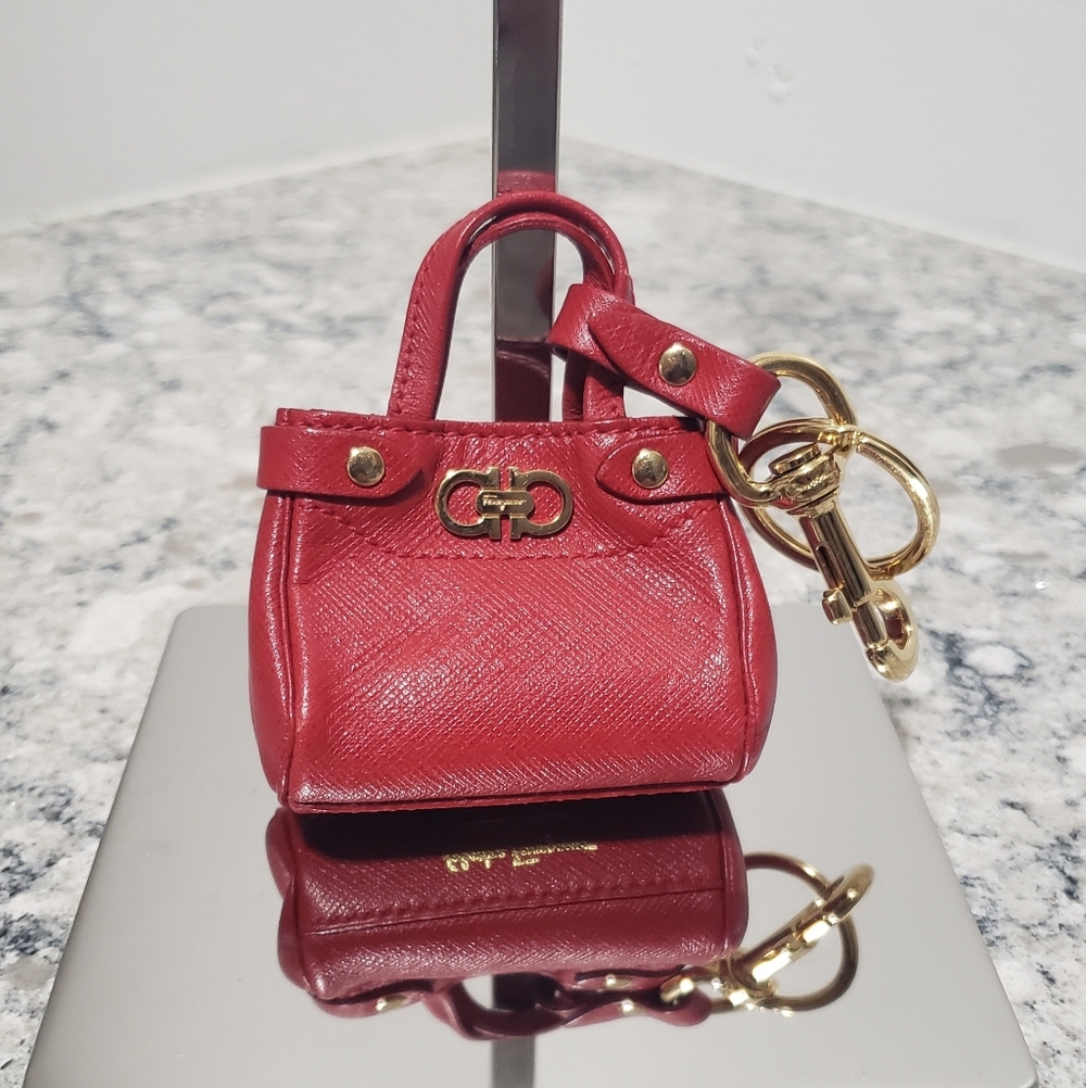 Salvatore Ferragamo Vintage Red Leather Tote Bag Charm Keychain Key Fob